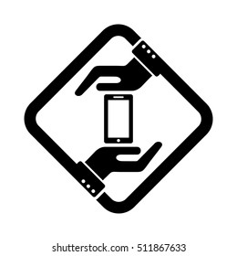 Two hands protecting or giving a smart phone vector icon