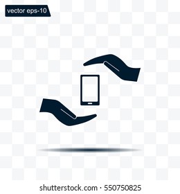 Two hands protecting or giving a smart phone
