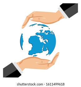 Two hands protecting the globe icon. vector illustration