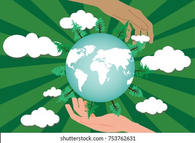Two hands protecting the green world.