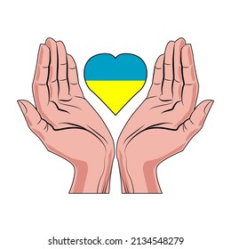 Two hands protecting the heart with the colors of the flag of Ukraine. Vector illustration. 