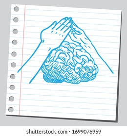 Two hands protecting human brain.