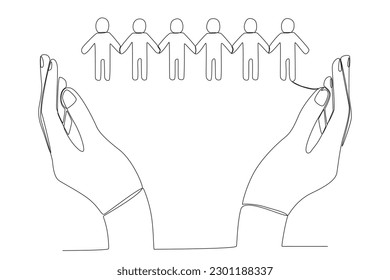 Dos manos protegiendo a los humanos. Dibujo de una sola línea de población mundial