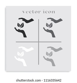 Two hands protecting a leaf flat black and white vector icon.