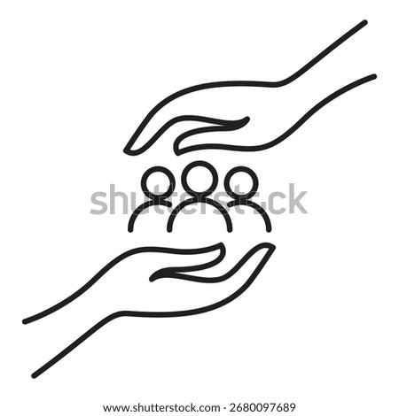 Two hands protecting people linear icon for community care and human rights vector