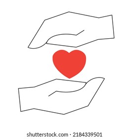 two hands protecting a red heart, isolated icon on a white background, love, mercy, kindness, health protection