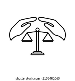 Two hands protecting the scales and giving balance. Line vector icon for user interface.