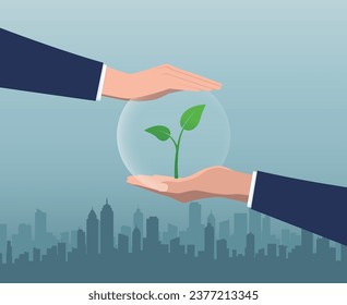 Two hands protecting seedling.Hope concept.