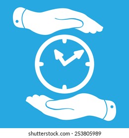two hands protecting white clock icon on a blue background - vector illustration