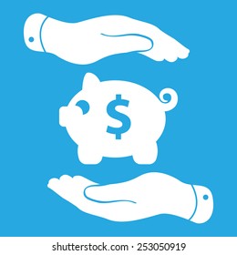 two hands protecting white piggy bank icon on a blue background - vector illustration