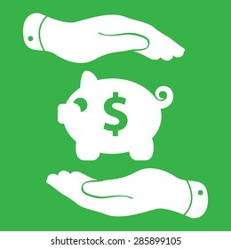 two hands protecting white piggy bank icon on the green background - vector illustration