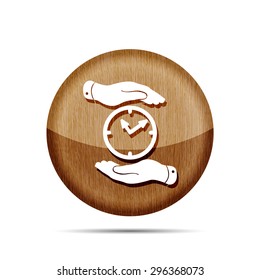 two hands protecting wooden clock icon on a white background - vector illustration