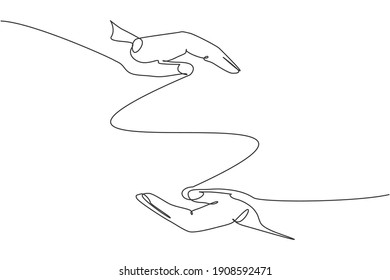 Two hands protection gesture. Single continuous line hand hold elements graphic icon. Simple one line doodle for education concept. Isolated vector illustration minimalist design on white background
