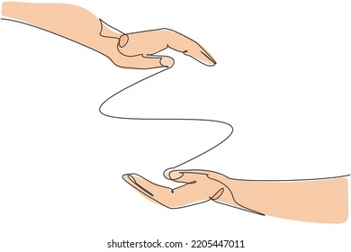 Two hands protection gesture. Single continuous line hand hold elements graphic icon. Simple one line doodle for education concept. Isolated vector illustration minimalist design on white background