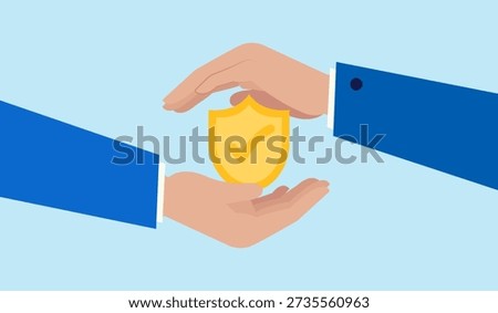 Two hands providing protection to a golden shield with a checkmark, symbolizing safety, insurance, and data security