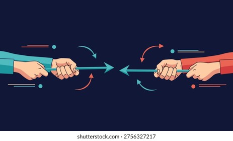 Two hands pulling at opposite ends of a rope that turns into arrows representing conflict, tension, opposing forces, and disagreement.