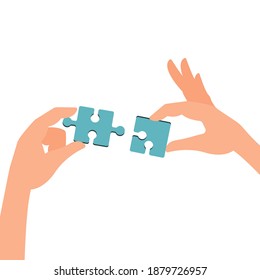 Two hands put together a puzzle. Concept: teamwork, development of ideas, strategies. Vector illustration, flat cartoon color minimal design, isolated on white background, eps 10.