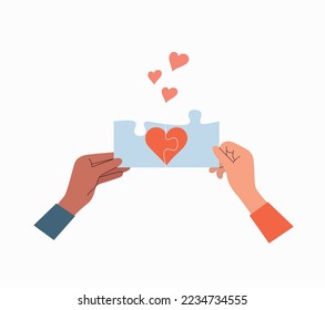 Dos manos juntaron un rompecabezas con el corazón. Día de San Valentín. Ilustración de estilo plano vectorial