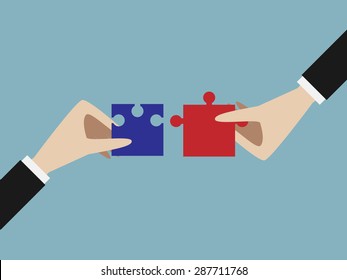 Two hands putting blue and red jigsaw puzzle pieces together. Teamwork, solution, unity, partnership concept. EPS 10 vector illustration, no transparency