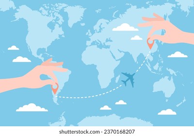 Two hands putting pin icons on a blue world map and an airplane flying on a route. Travel route planning. Flat vector illustration