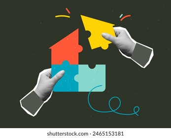 Two hands putting together a colored puzzle in the shape of a house. Vector illustration in a modern collage style