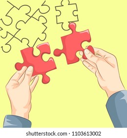 two hands putting together a jigsaw puzzle isolated on white background connect