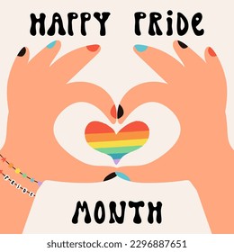 Two hands with rainbow bracelets and colorful nails and show the Love sign, a heart gesture, an LGBT flag heart in the middle. Happy Pride Month vector greeting card design. Love and solidarity symbol