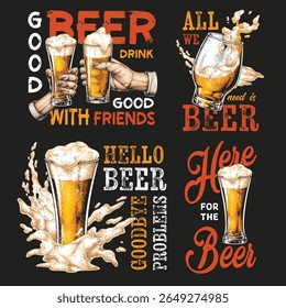 Two hands raise beer glasses in celebration showcasing the enjoyment of friendship. Stylish text highlights the love for beer and shared moments. Cheers and laughter fill the air.