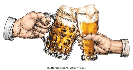 Duas mãos levantam copos cheios de cerveja em um brinde comemorativo. O cenário sugere uma atmosfera festiva onde os amigos desfrutam de seu tempo juntos compartilhando risos e bons momentos.
