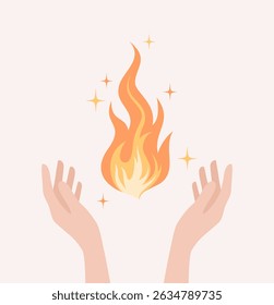 Two hands raised up to the flames above them. Flat vector illustration