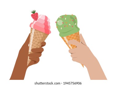 two hands are raised up and hold an ice cream cone