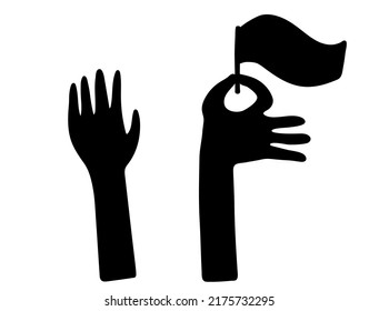 Two Hands Raised Up Waving And Holding Flag. Black Icon Silhouette For Protest Or Festival Banners. Vector Monochrome Shape Illustration.