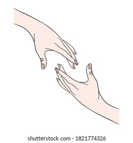 Dos manos se acercan unas a otras. Ilustración del concepto de vector. Confianza, ayuda, atención. 