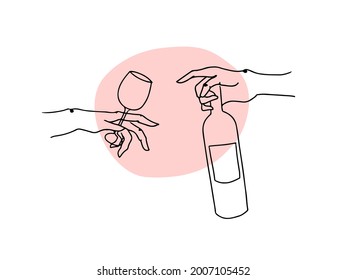 two hands reach out to each other. Wine bottle and glass