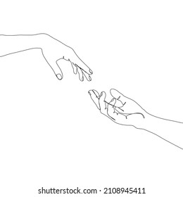 Two hands reach out to each other. One continuous single line. Vector illustration. Help