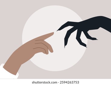 Two hands reach out in a poignant moment, one embodying light and the other representing shadow, illustrating the profound journey of shadow work and self-discovery