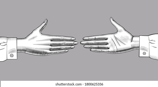 Two hands reach out towards each other. Vintage engraving stylized drawing. Vector illustration