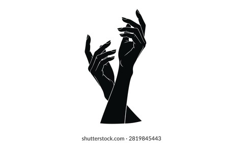 Two hands reaching black silhouette against a white background silhouette
