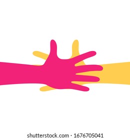 Two hands reaching to each other. Handshake, Love relationship teamwork together. Vector illustration isolated on white background.