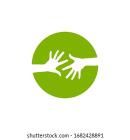 two hands reaching to each other in green circle. help and support concept. charity, philanthropy, first aid, cooperation, giving love. Flat vector illustration. 