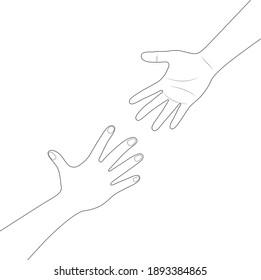 Two hands reaching to each other. Helping hand. Close up body part. Love relationship teamwork together. line art, vector illustration.