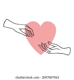 Two hands reaching for each other. Couple in love. Hands and heart. Happy Valentine's day. World Heart Day. Outline hands. Flat design.