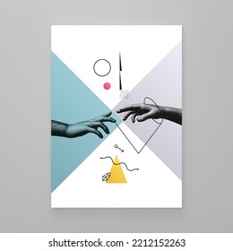 Two hands reaching for each other. Art composition. Transparency geometrical background. Cover design template for presentation, poster, cover or brochure. Vector illustration on a social topic. 