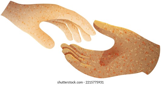 Two Hands Reaching To Each Other. Helping Hand. Close Up Body Part, Stone Figures Sculptures. Love Relationship Teamwork Together. Meeting Concept Isolated On White, Unity Cooperation Support