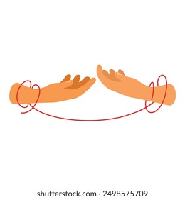 Two hands are reaching for each other, tied together by the red string of fate, symbolizing a destined connection