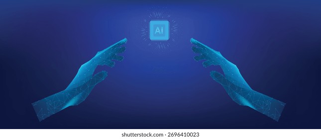 Dos manos alcanzando un chip de aire brillante en un entorno azul oscuro, que simboliza la inteligencia artificial y el avance tecnológico