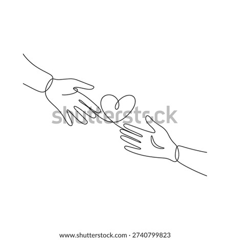 Two hands reaching for a heart shape in a continuous line drawing