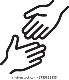 Two hands reaching for help for social support partnership and community teamwork connection icon