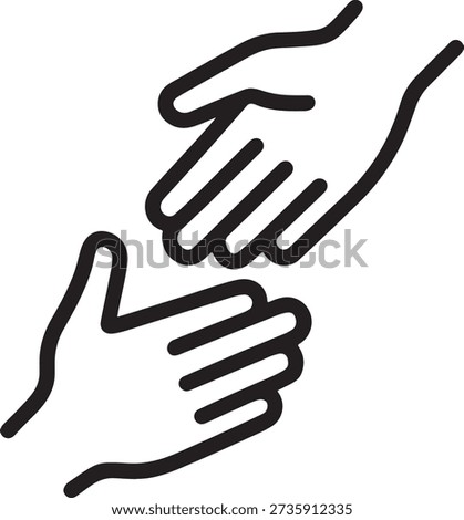 Two hands reaching for help for social support partnership and community teamwork connection icon