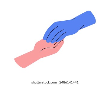 Two hands, reaching for help, support. Bonding gesture, stretching out to touch, take care. Outstretched palm. Partners trust, connection. Flat vector illustration isolated on white background
